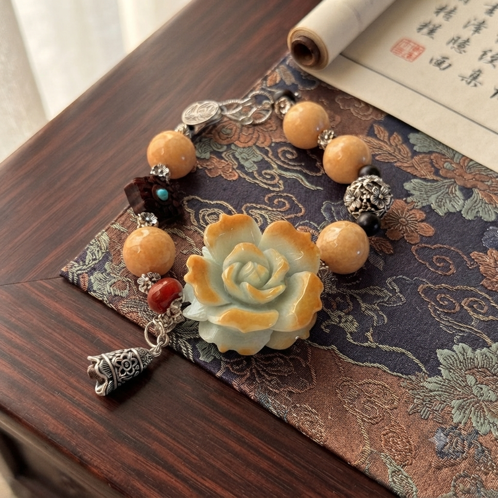 AAA Jade peony bracelet detail showing carved rose focal piece and silver charms