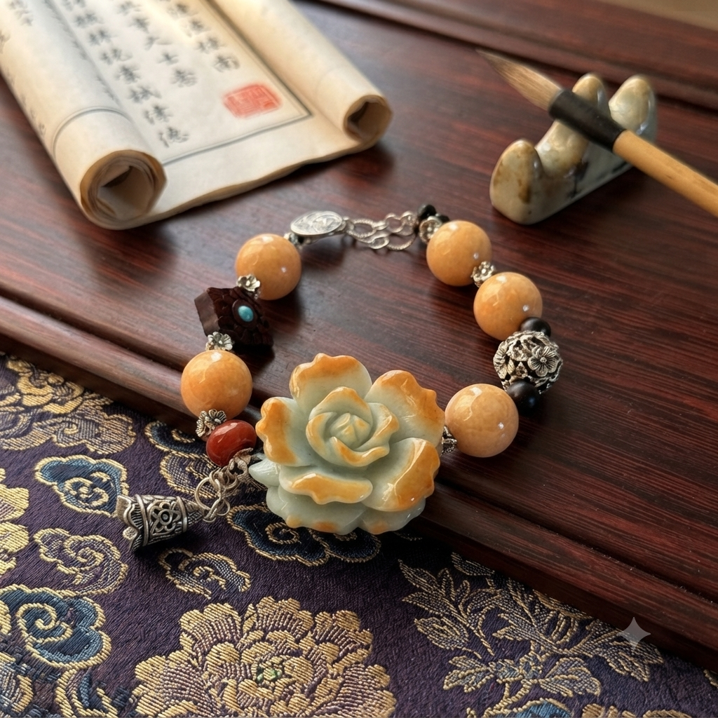 AAA Jade bracelet with sandalwood bead and silver bell tassel on brocade