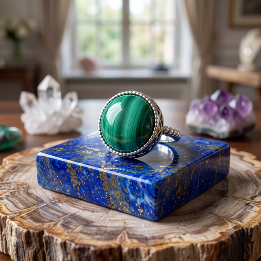 Adjustable Malachite Crystal Stainless Steel Ring