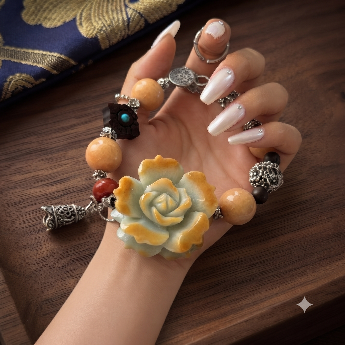 AAA Jade carved peony rose bracelet - alternate angle showing silver filigree details