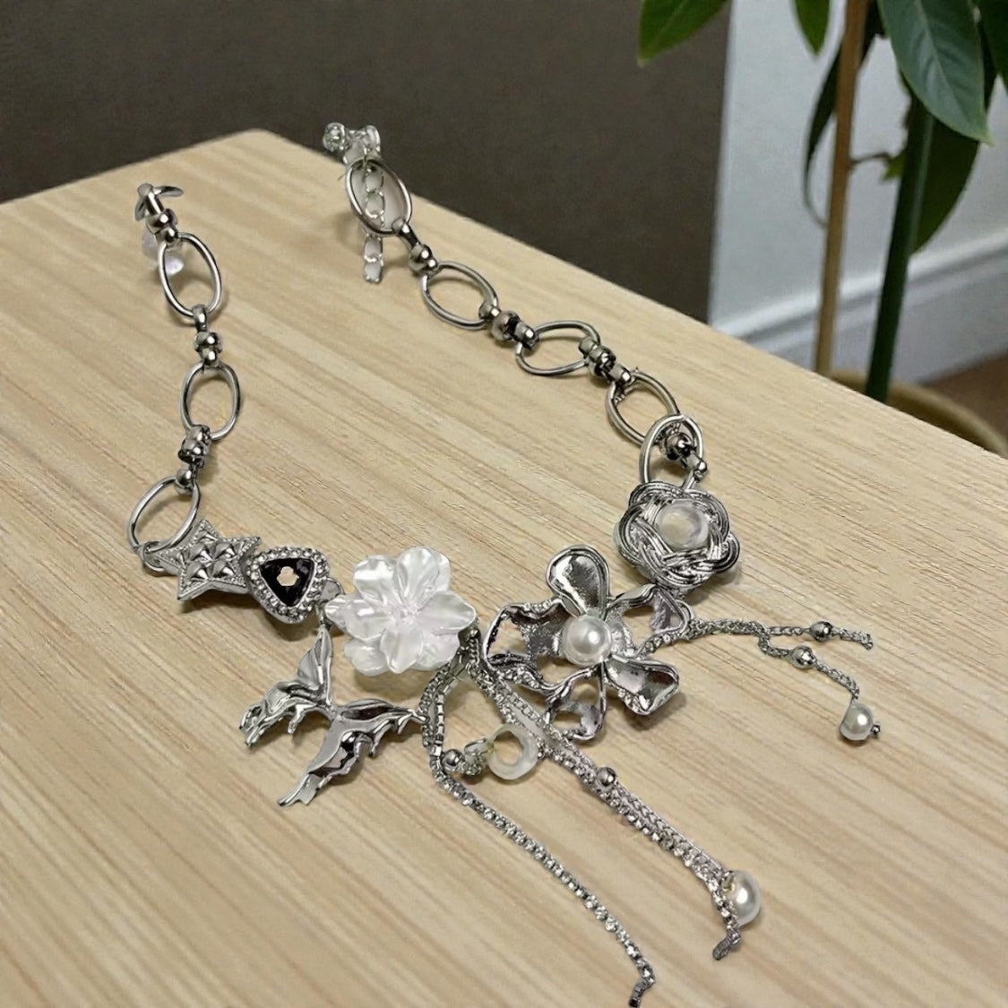 Pearl Blossom Silver Charm Choker Necklace