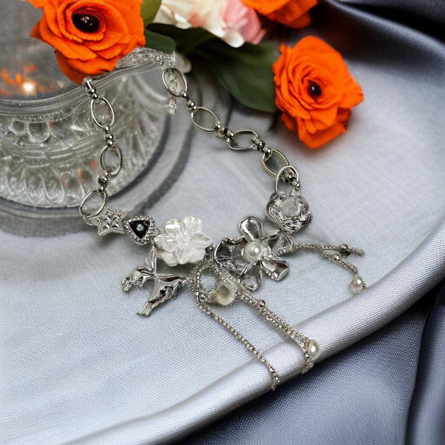 Pearl Blossom Silver Charm Choker Necklace