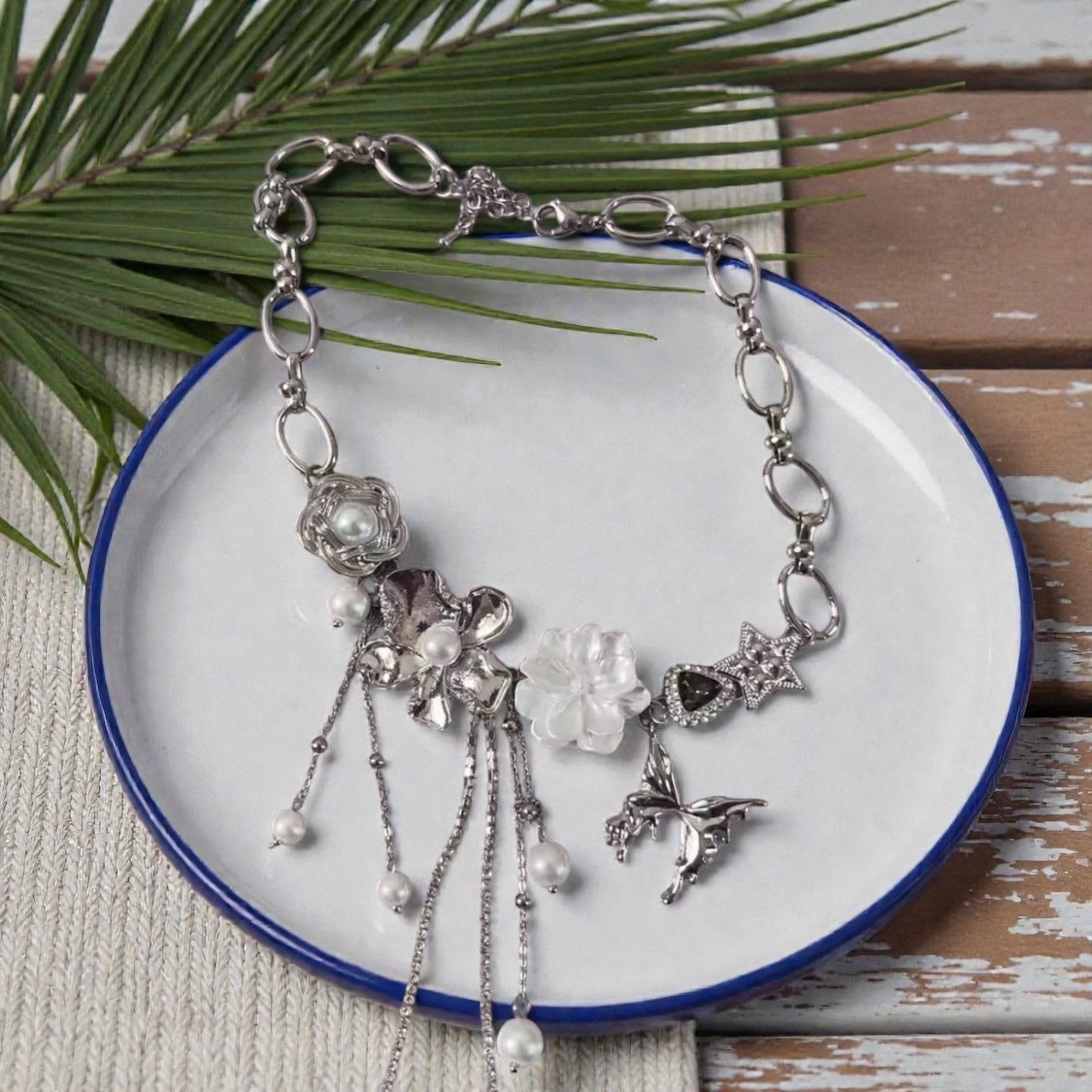 Pearl Blossom Silver Charm Choker Necklace
