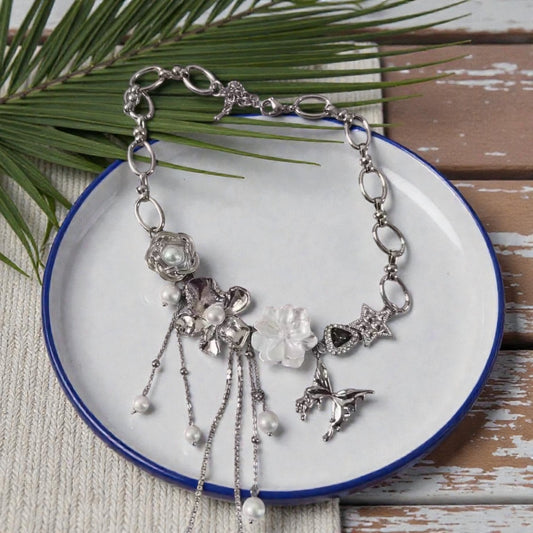 Pearl Blossom Silver Charm Choker Necklace