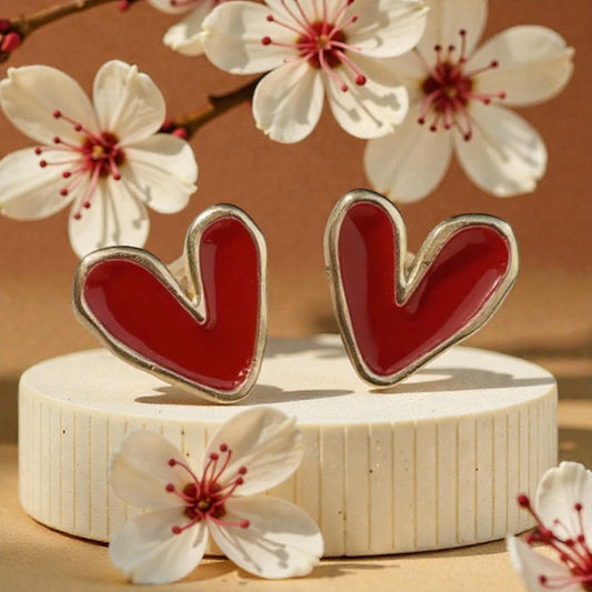 Red Heart Stud Earrings, Bold Retro Heart Jewelry, Gold Tone Statement Studs
