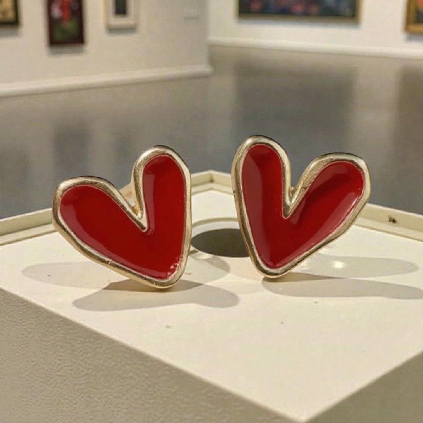 Red Heart Stud Earrings, Bold Retro Heart Jewelry, Gold Tone Statement Studs