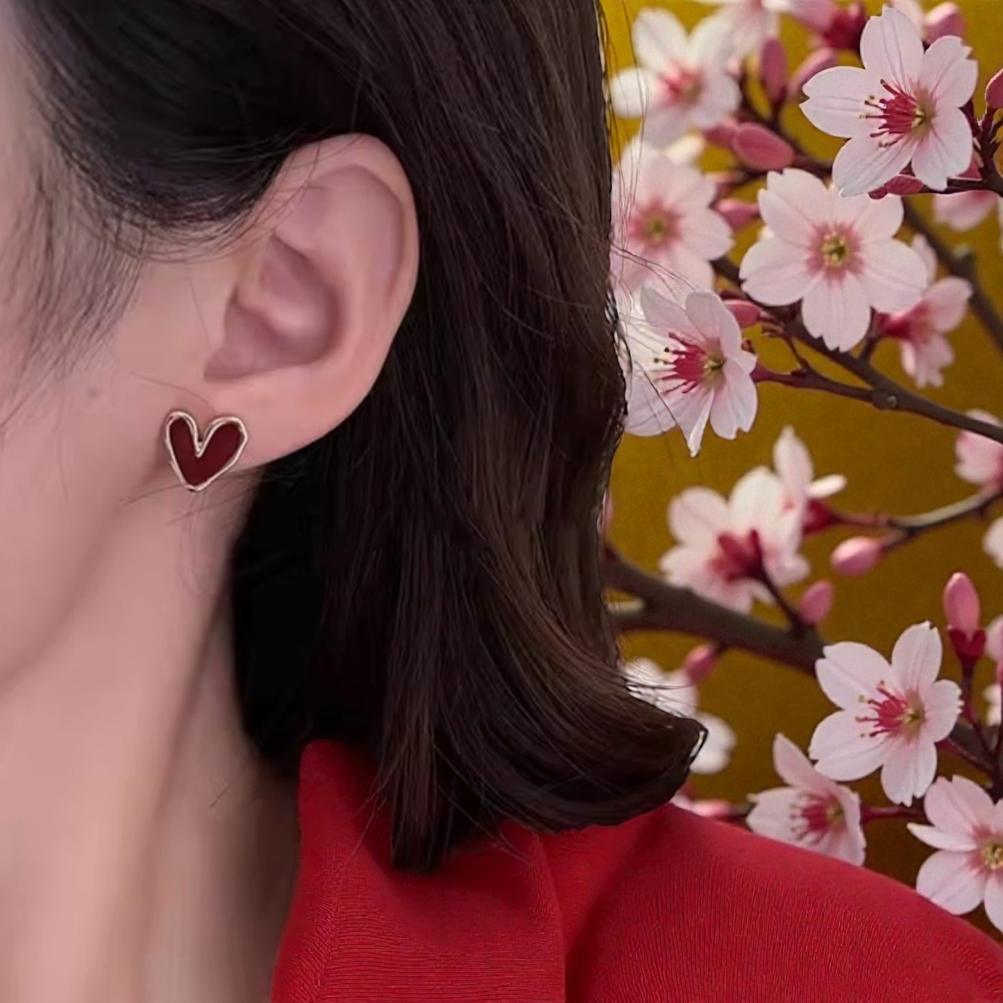 Red Heart Stud Earrings, Bold Retro Heart Jewelry, Gold Tone Statement Studs