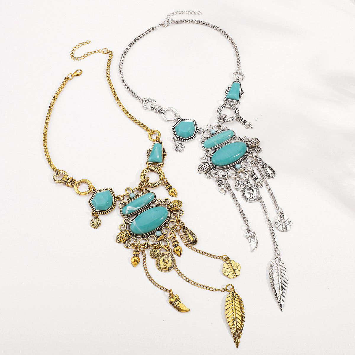 Turquoise Statement Necklace with Feather Charms