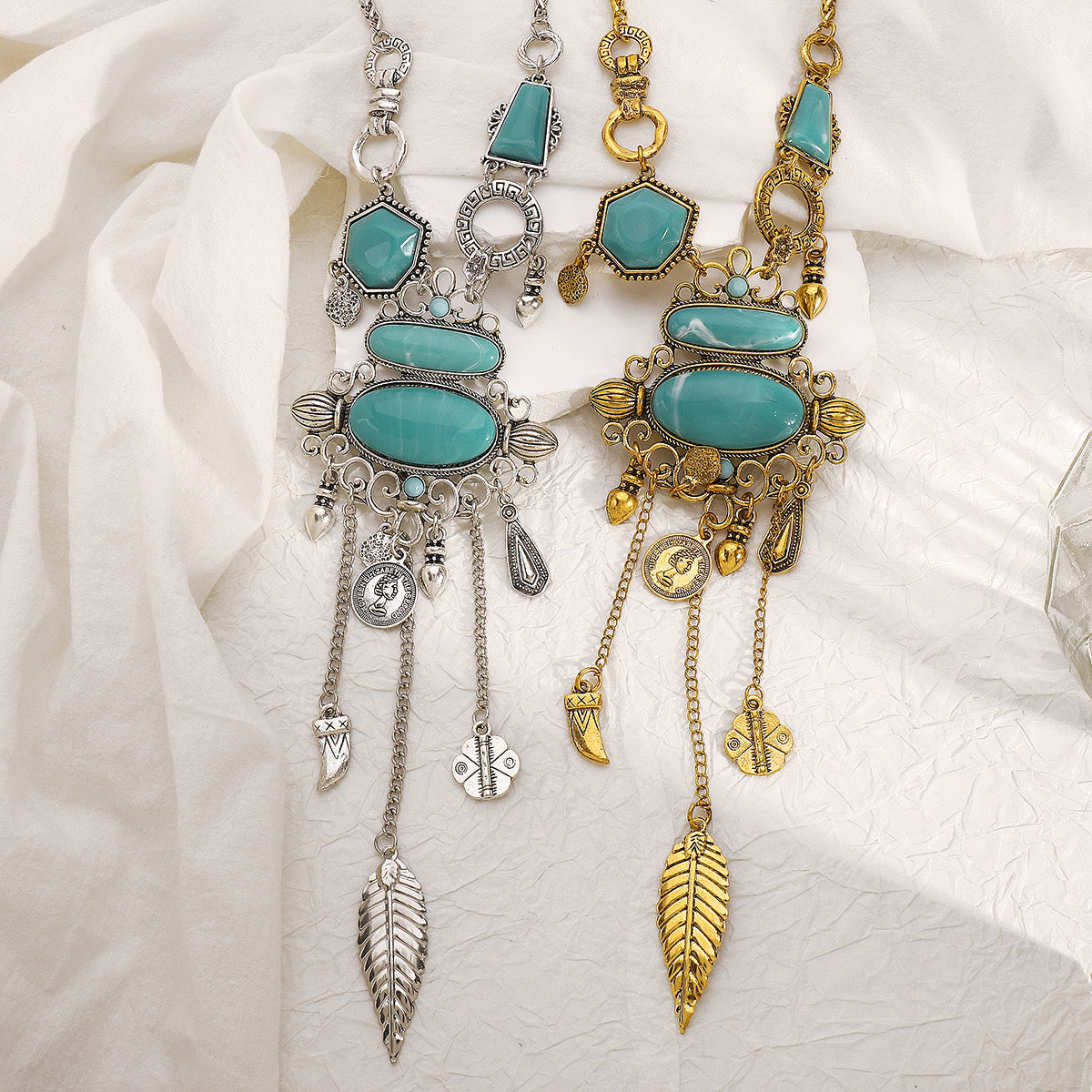 Turquoise Statement Necklace with Feather Charms