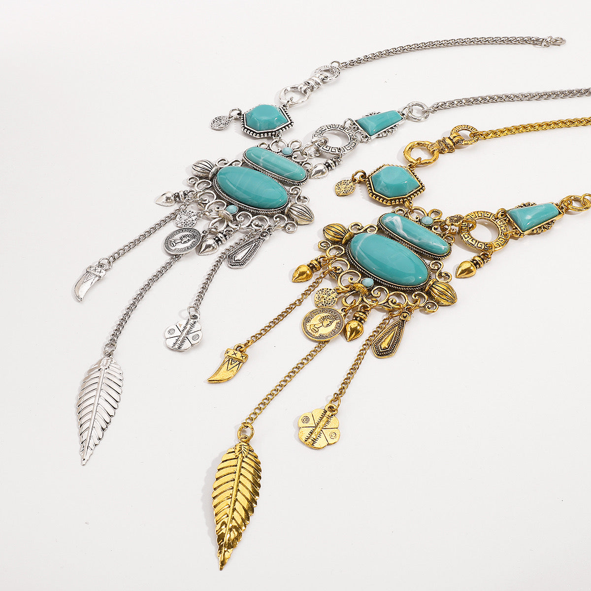 Turquoise Statement Necklace with Feather Charms