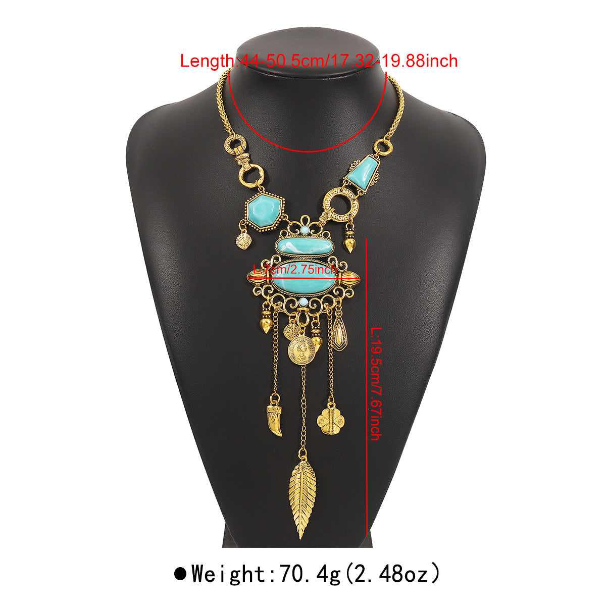 Turquoise Statement Necklace with Feather Charms