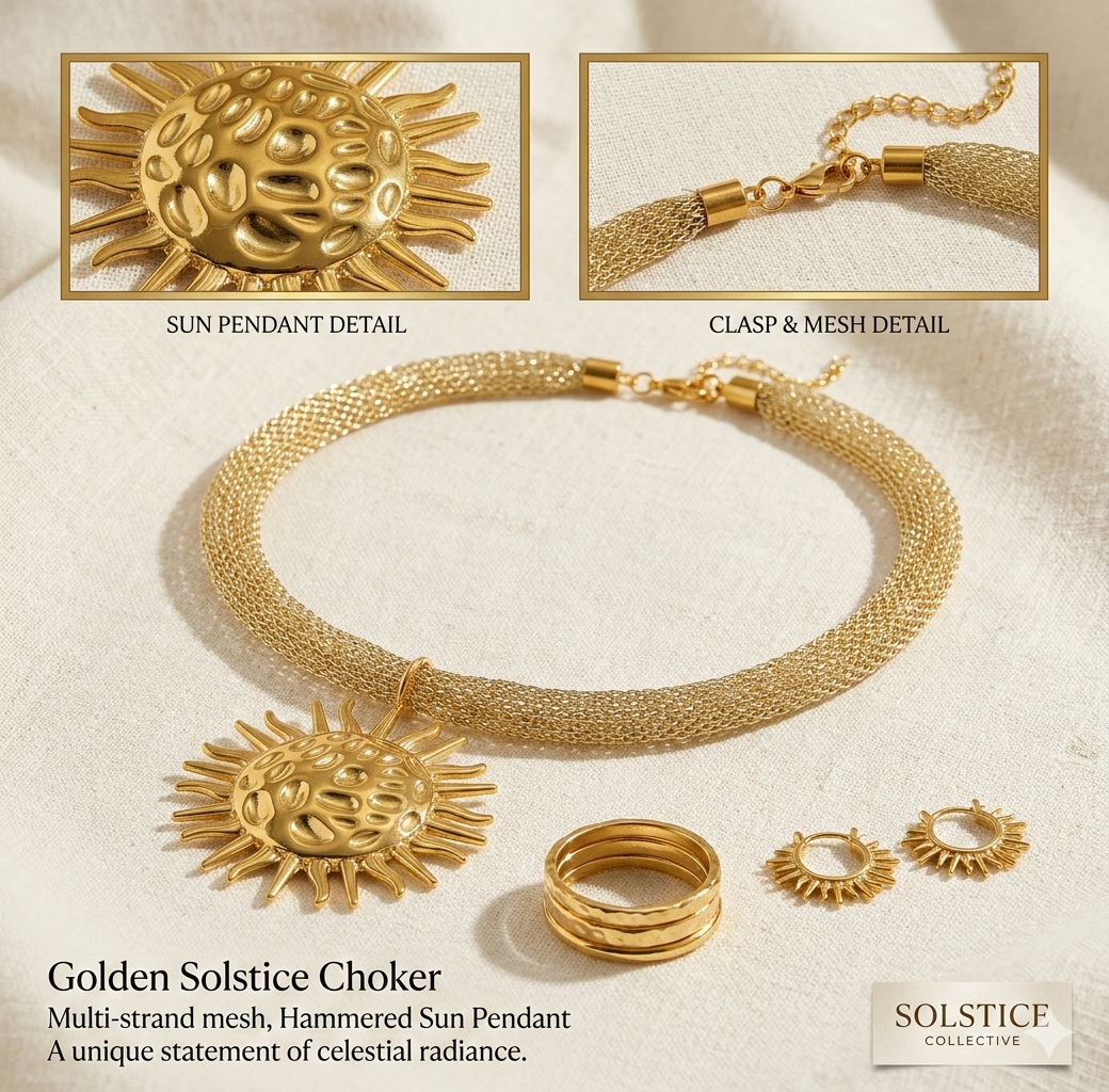 Golden Solstice Celestial Necklace - Sun & Moon Pendant Statement Choker