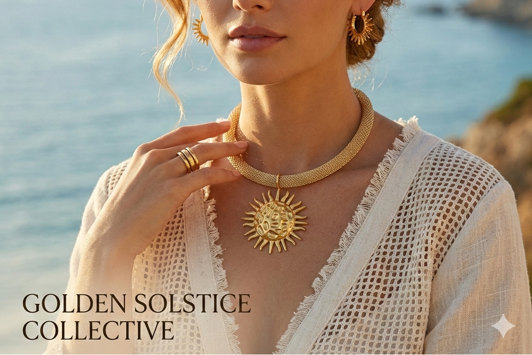 Woman wearing a gold necklace with a scenic background, featuring 'Golden Solstice Collective'.