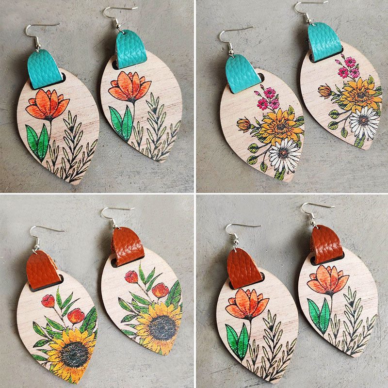 Floral Wood & Leather Dangle Earrings
