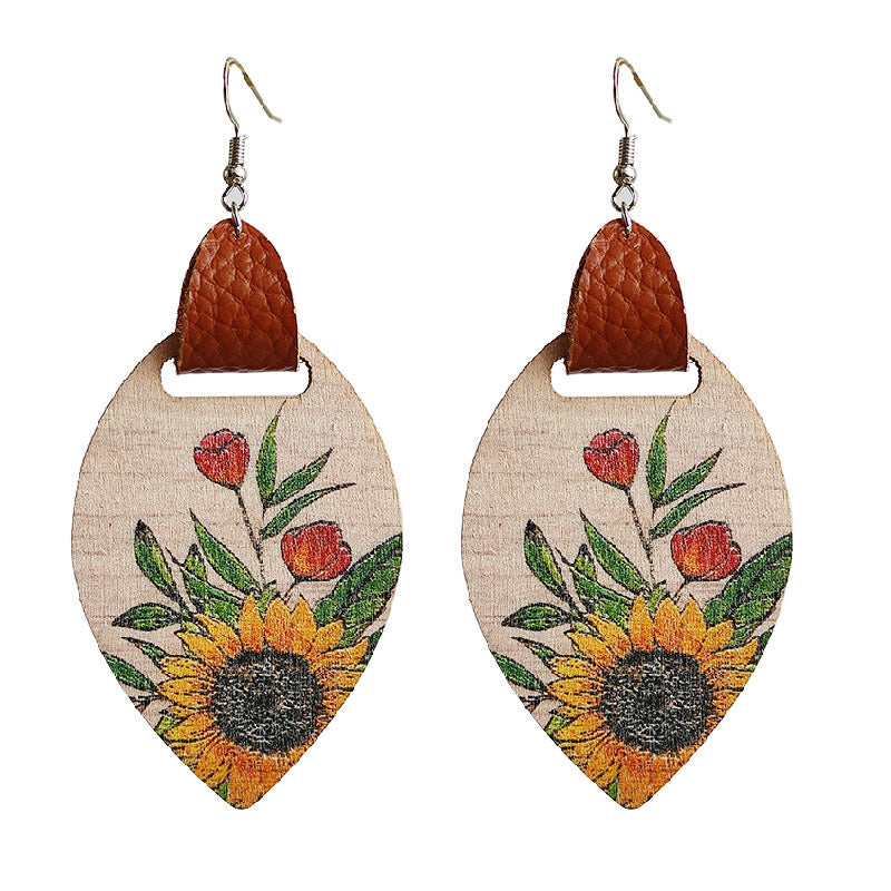 Floral Wood & Leather Dangle Earrings
