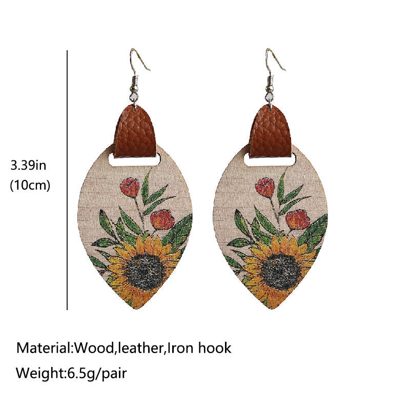 Floral Wood & Leather Dangle Earrings