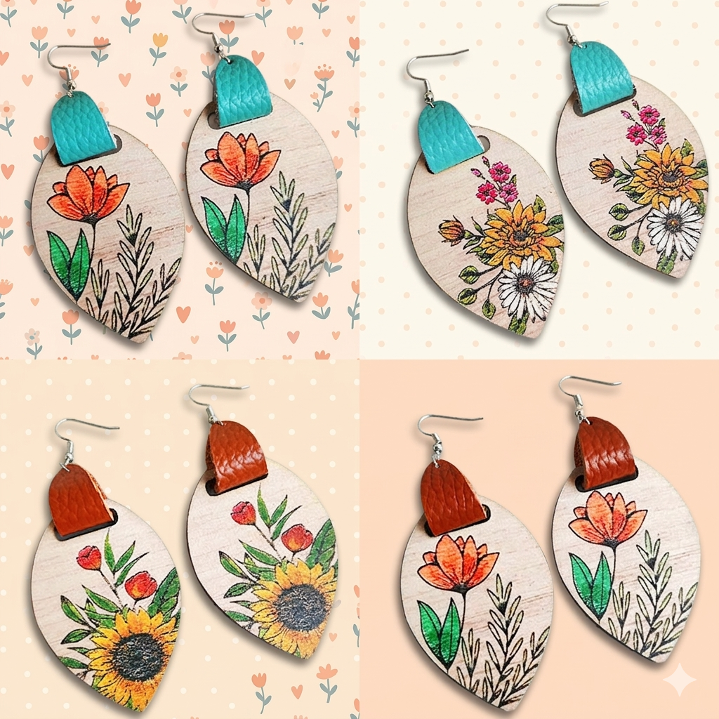 Floral Wood & Leather Dangle Earrings