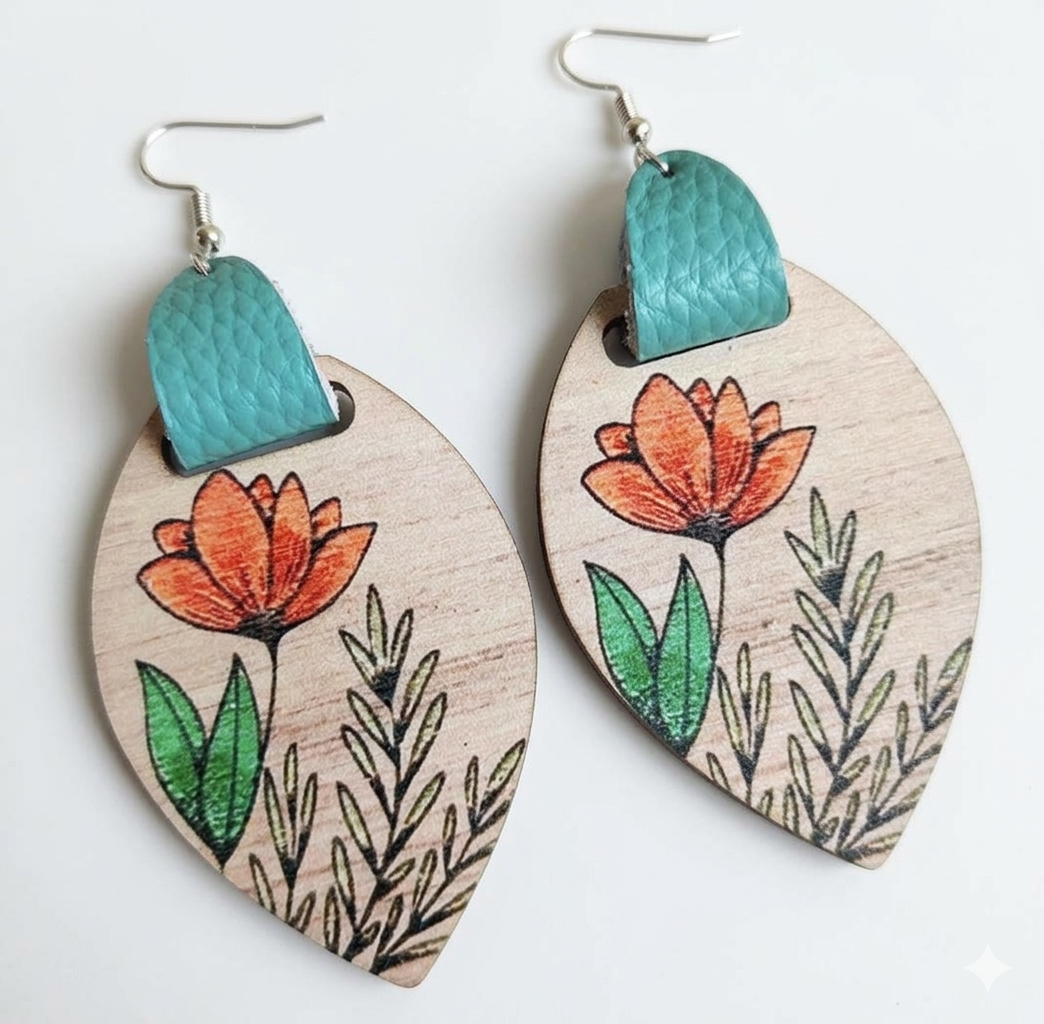 Floral Wood & Leather Dangle Earrings