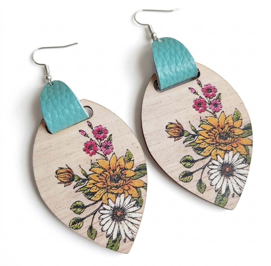Floral Wood & Leather Dangle Earrings