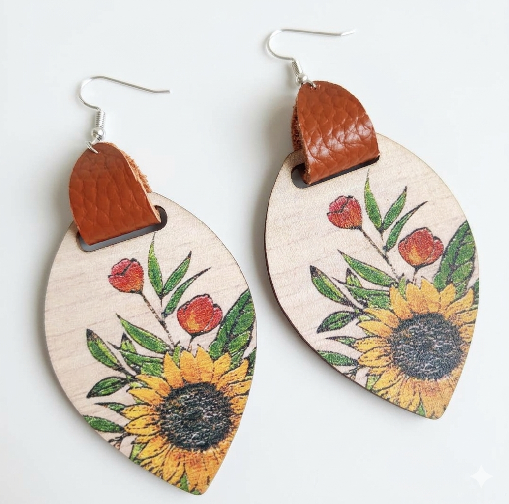 Floral Wood & Leather Dangle Earrings