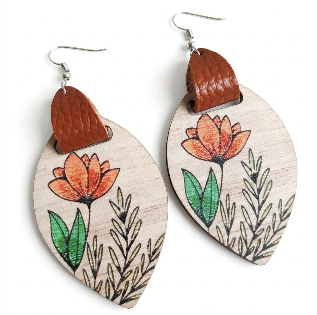 Floral Wood & Leather Dangle Earrings