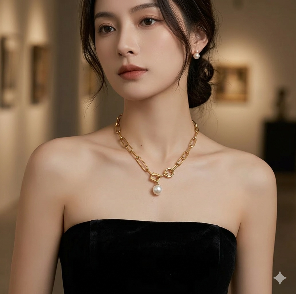 Gold Paperclip Chain Pearl Pendant Necklace – 18K Gold Plated Stainless Steel