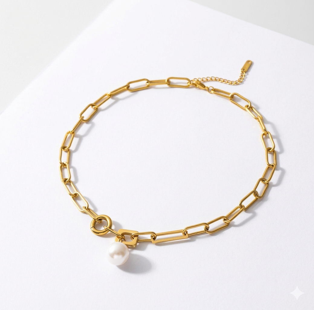 Gold Paperclip Chain Pearl Pendant Necklace – 18K Gold Plated Stainless Steel