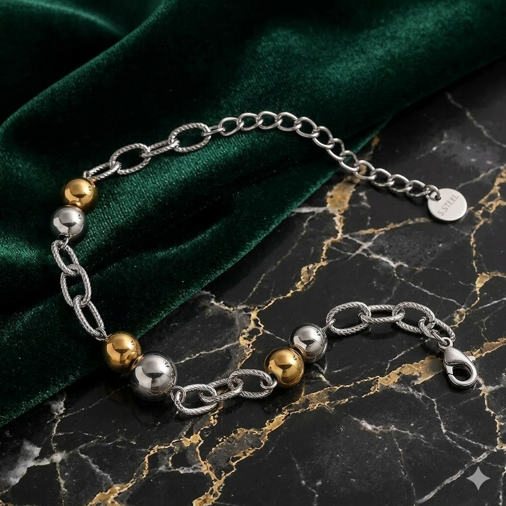 Two-Tone Bead & Chain Bracelet | Gold & Silver Stainless Steel