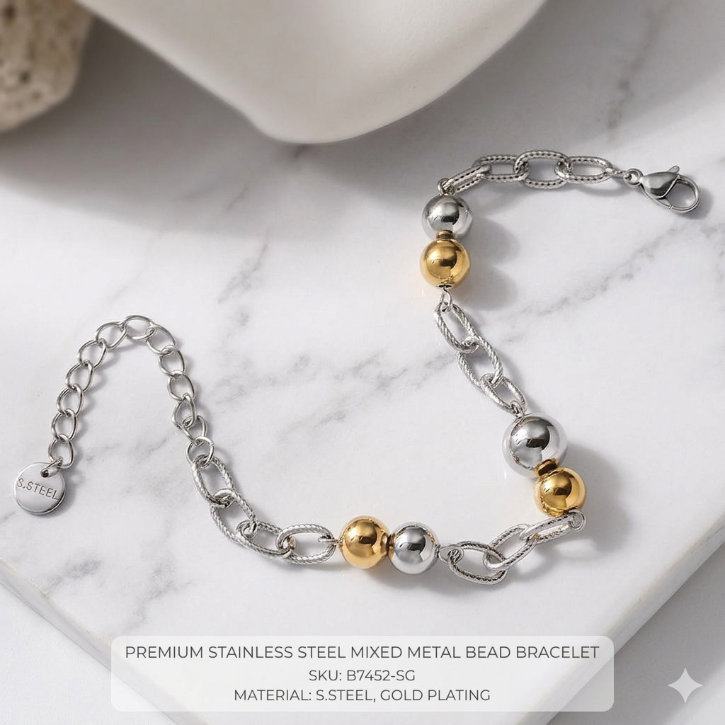 Two-Tone Bead & Chain Bracelet | Gold & Silver Stainless Steel