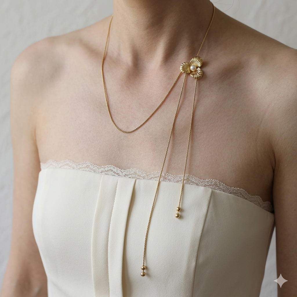 Pearl Flower Bolo Lariat Necklace