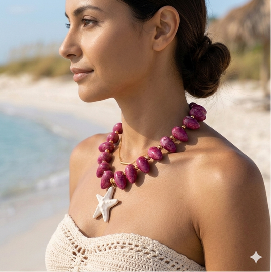 Ruby Red Beaded Starfish Necklace