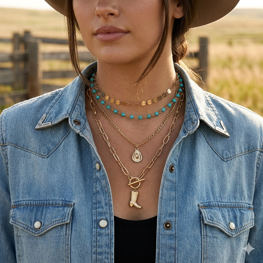 Western Layered Necklace Set – Turquoise & Gold