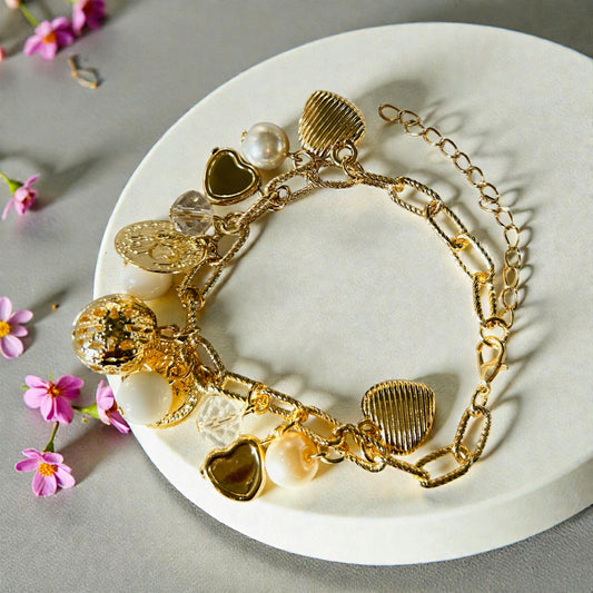Luxury Gold Tone Coin & Pearl Charm Bracelet