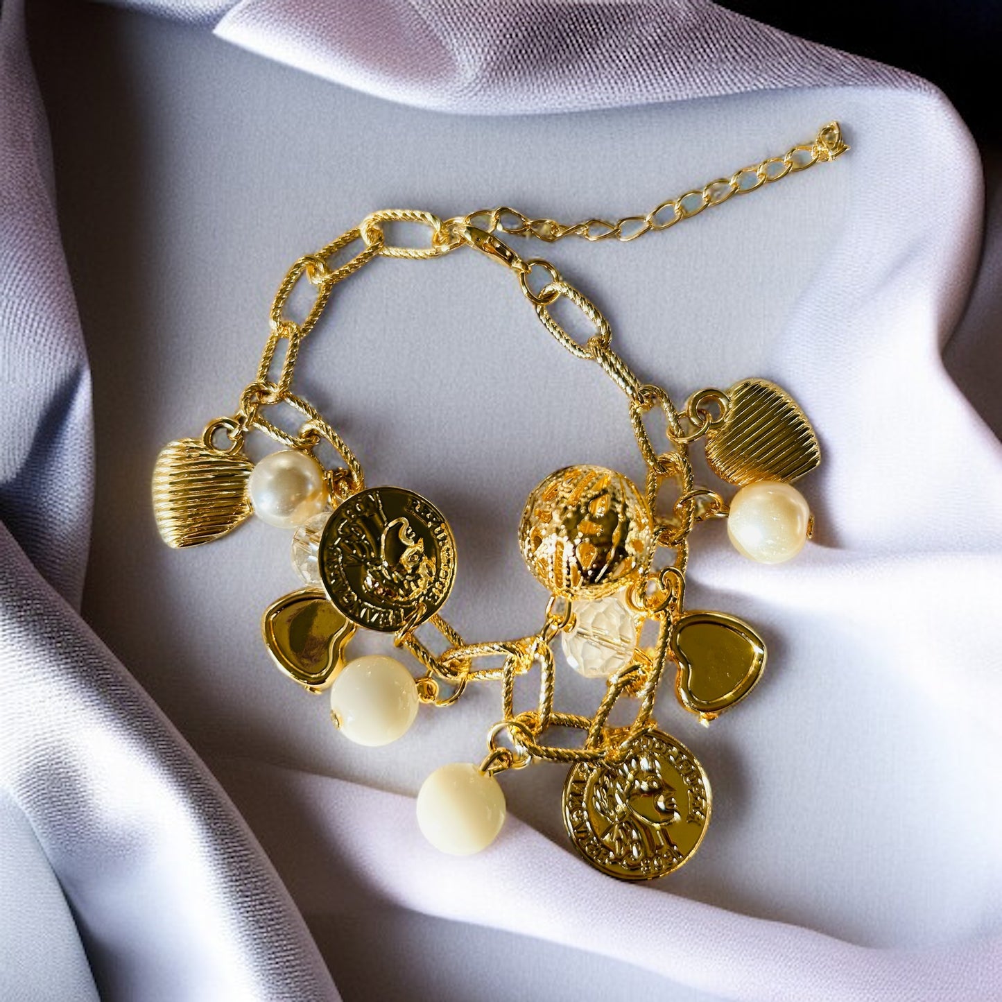 Luxury Gold Tone Coin & Pearl Charm Bracelet