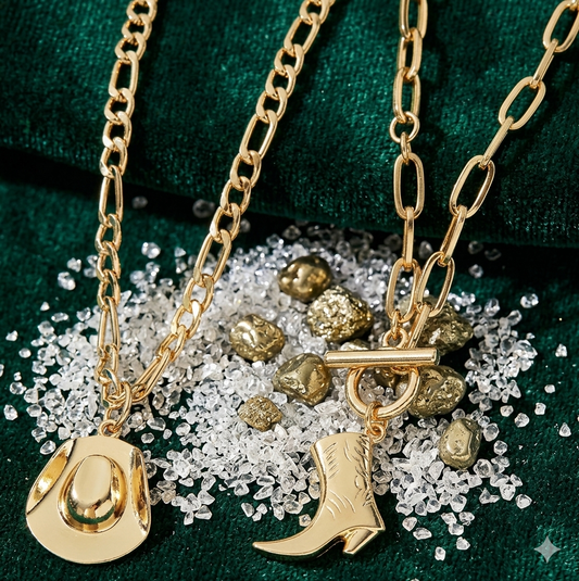 Western Charm Layered Necklace Set – Gold Cowboy Hat & Boot Pendants