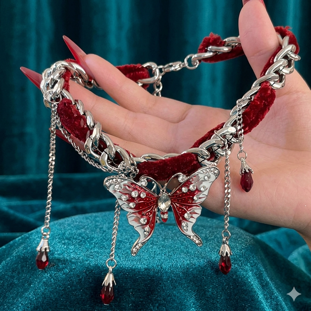 Crimson Butterfly Velvet Chain Choker
