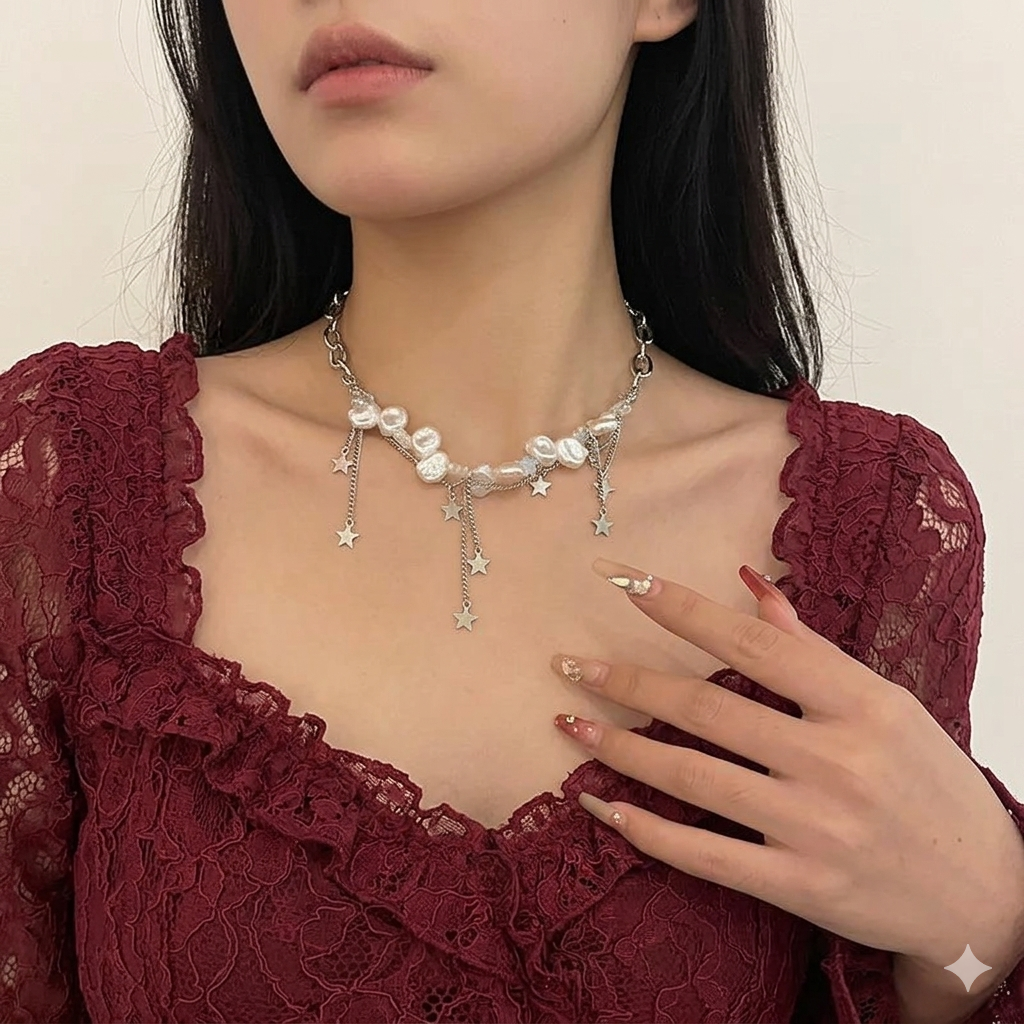 Baroque Pearl Star Charm Choker Necklace