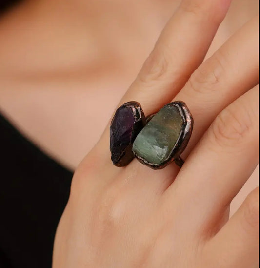 Raw Fluorite & Amethyst Copper Ring – Adjustable Crystal Statement Piece