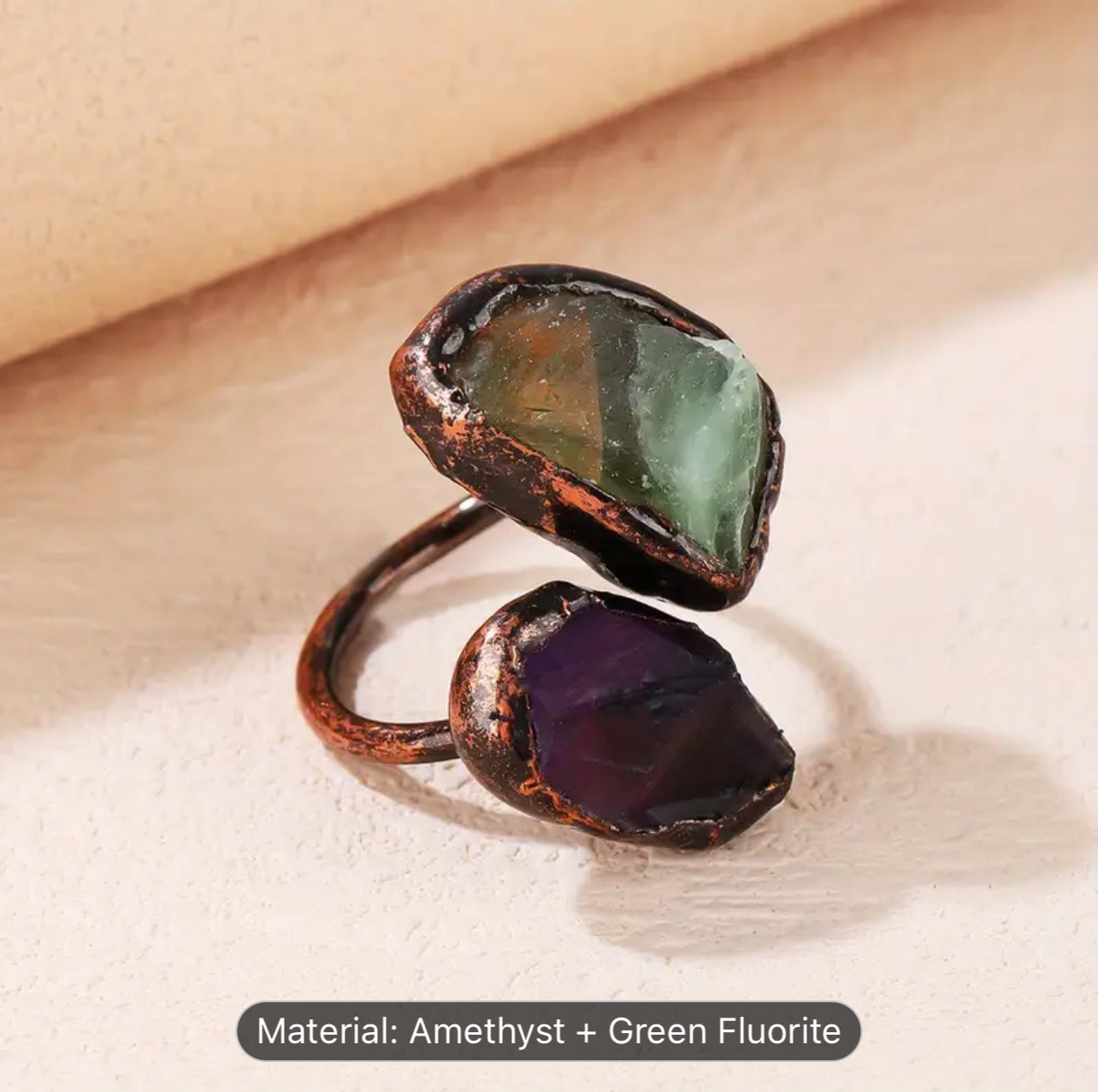 Raw Fluorite & Amethyst Copper Ring – Adjustable Crystal Statement Piece