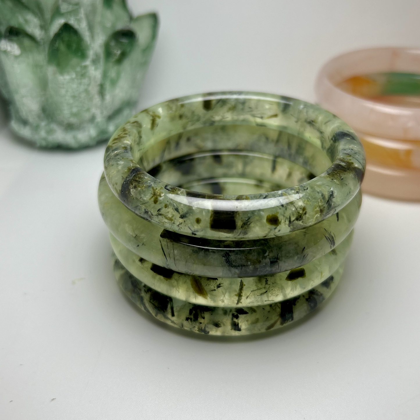 Prehnite Rutilated Quartz Natural Green Jade Bangle Bracelet