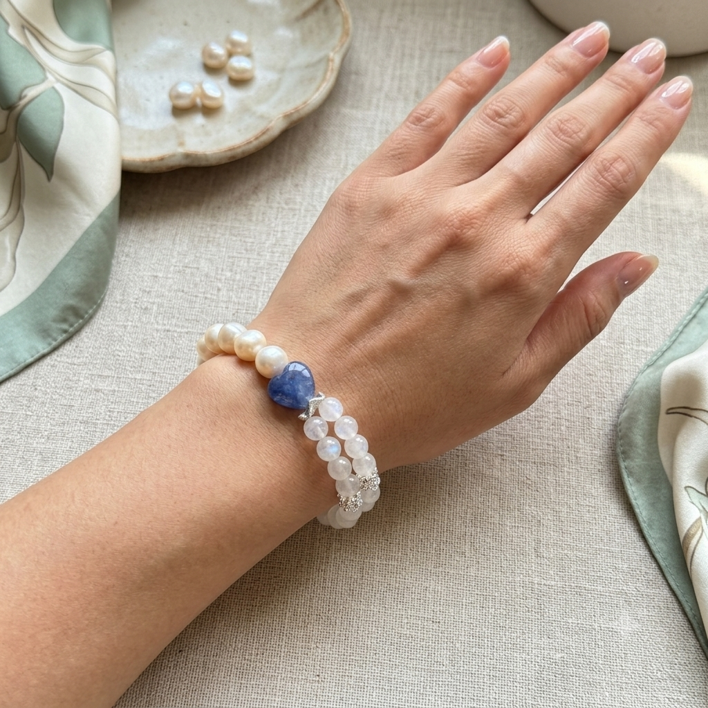 Freshwater Pearl, White Moonstone & Aquamarine Heart Bracelet