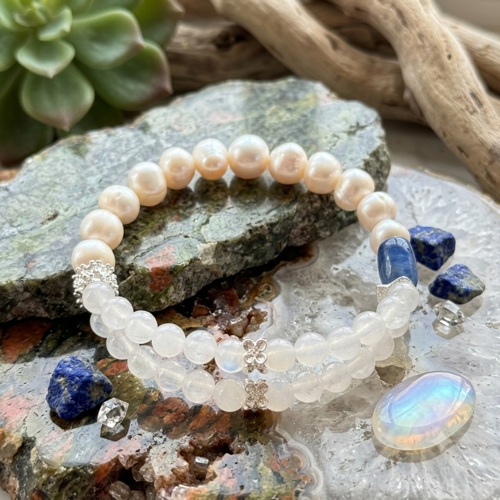 Freshwater Pearl, White Moonstone & Aquamarine Heart Bracelet