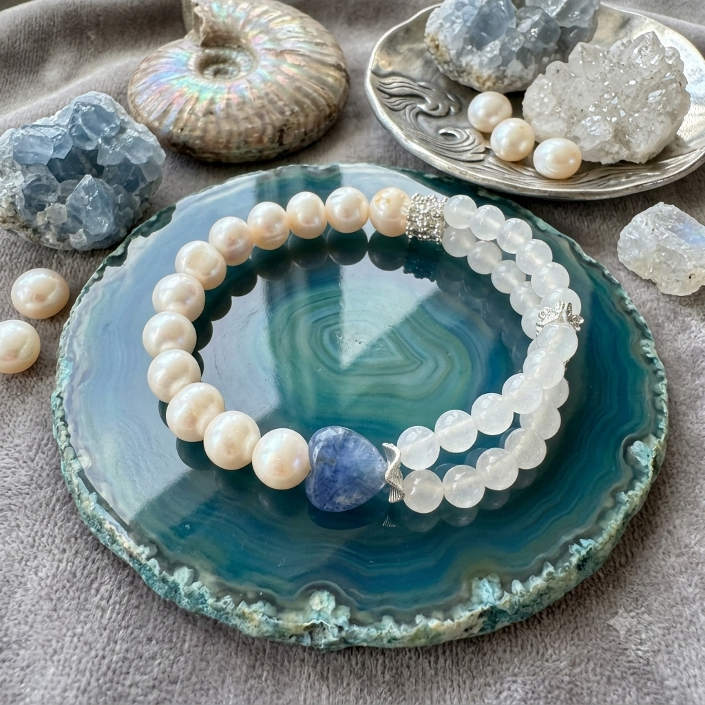 Freshwater Pearl, White Moonstone & Aquamarine Heart Bracelet