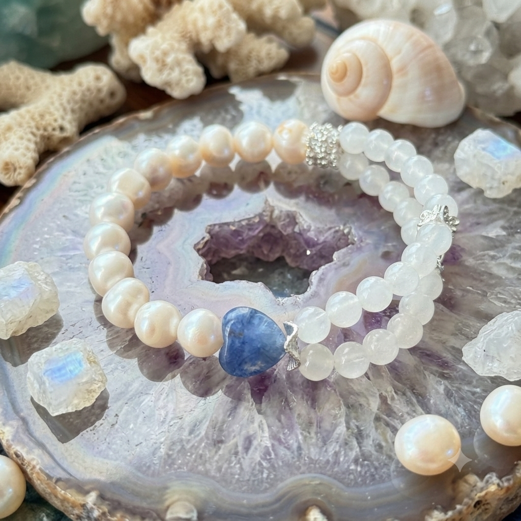 Freshwater Pearl, White Moonstone & Aquamarine Heart Bracelet