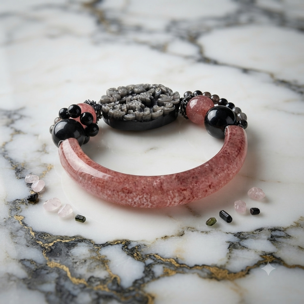 Strawberry Quartz & Silver Obsidian Carved Peony Bangle Set