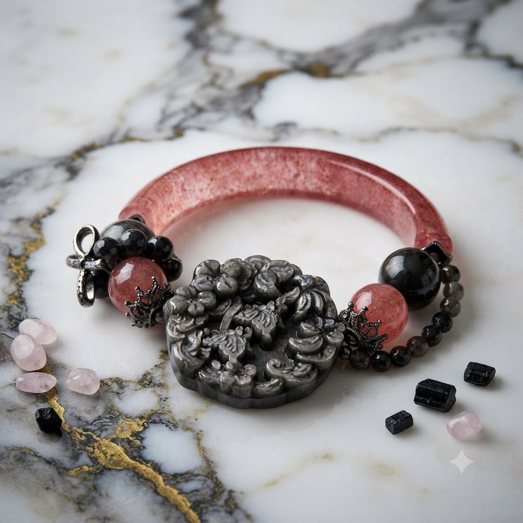 Strawberry Quartz & Silver Obsidian Carved Peony Bangle Set