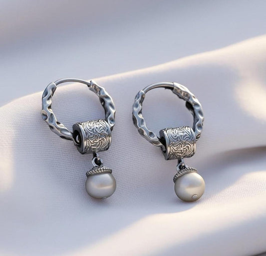 925S Sterling Silver Pearl Drop Earrings - Vintage Inspired Hoops Earring with Engraved Detailing, Elegant