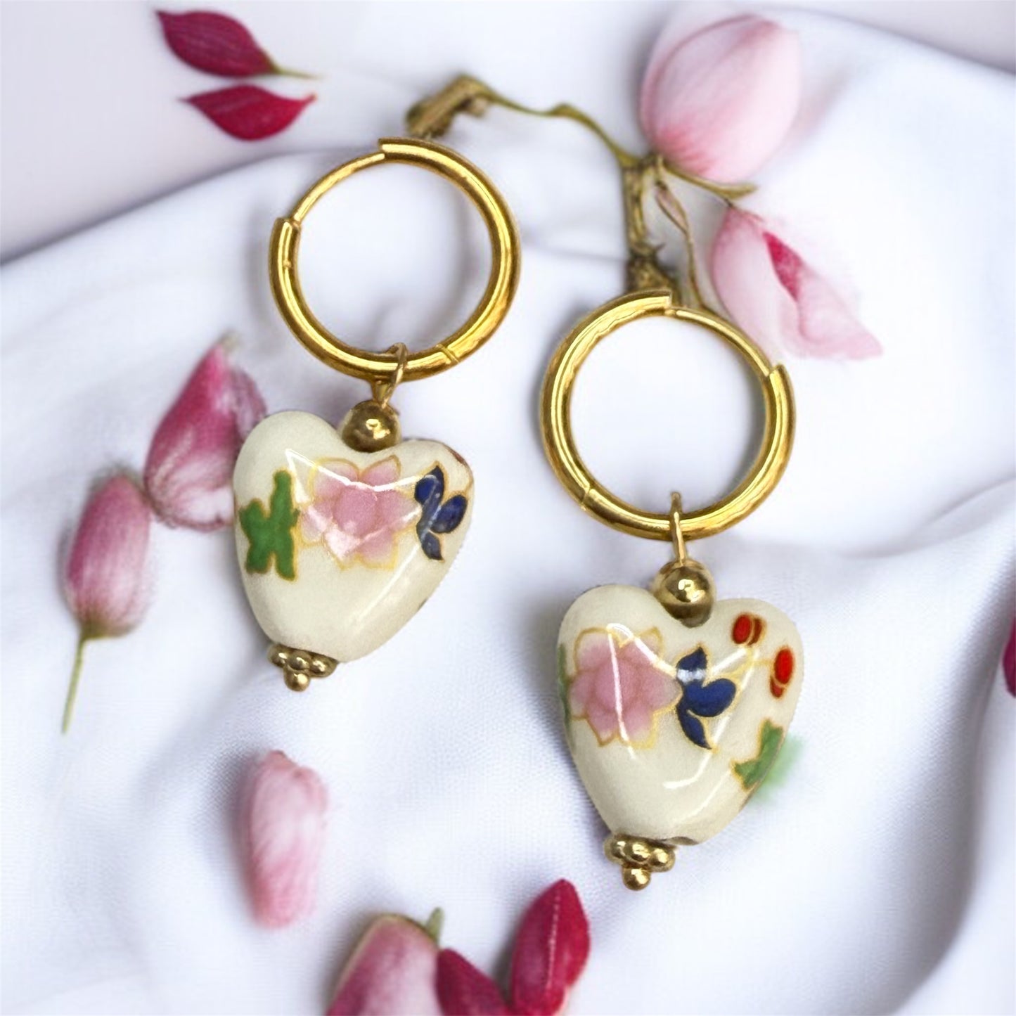 Porcelain Heart Earrings – Blue Floral Ceramic Dangles on Gold Hoops