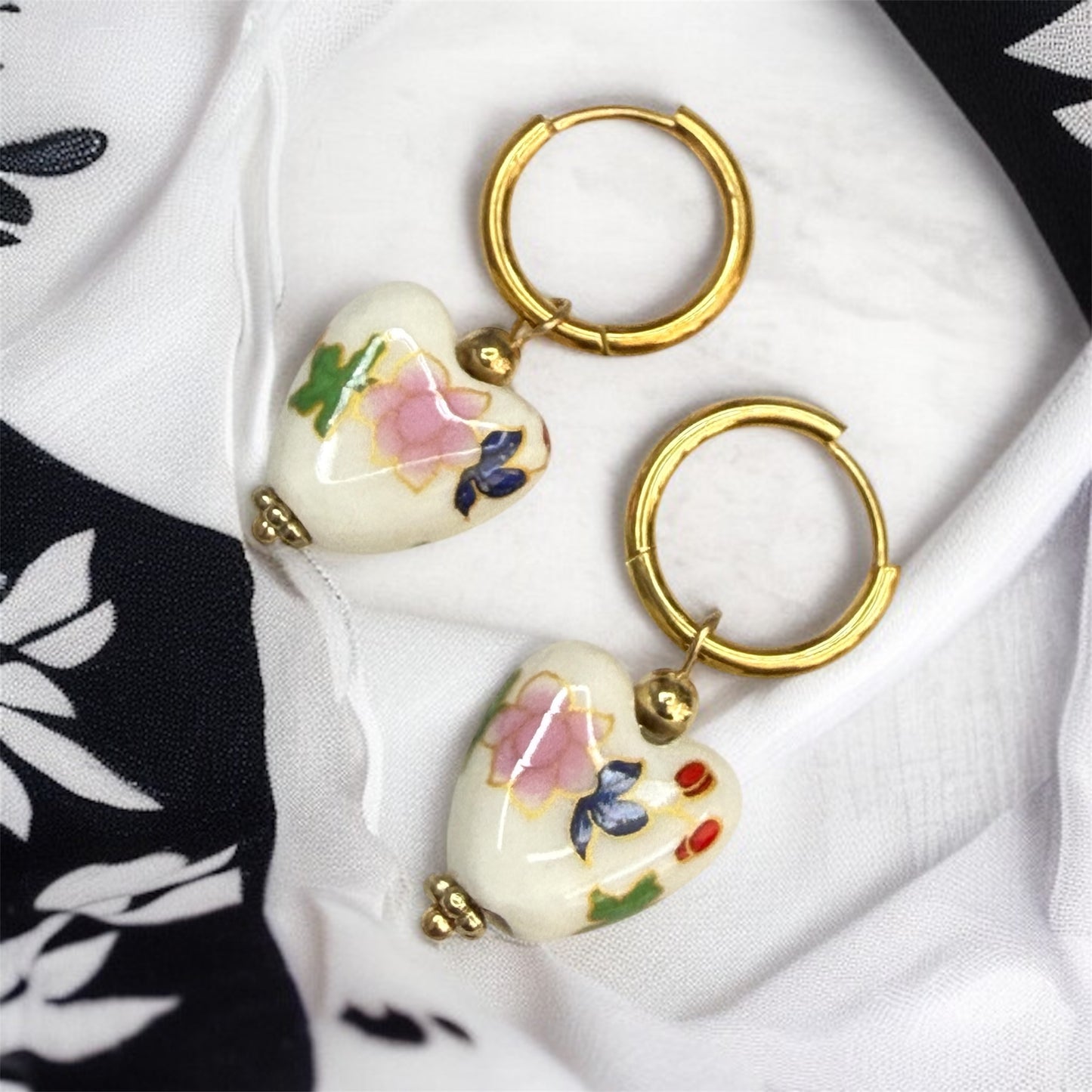 Porcelain Heart Earrings – Blue Floral Ceramic Dangles on Gold Hoops