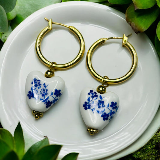 Porcelain Heart Earrings – Blue Floral Ceramic Dangles on Gold Hoops